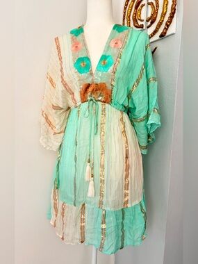 Mint & Cream Embellished V-Neck Boho Dress